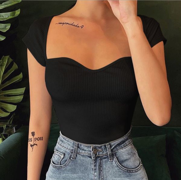 

2021 women's new fishion t-shirt women square neck night club tshirt solid color tees shire show thin summer, White