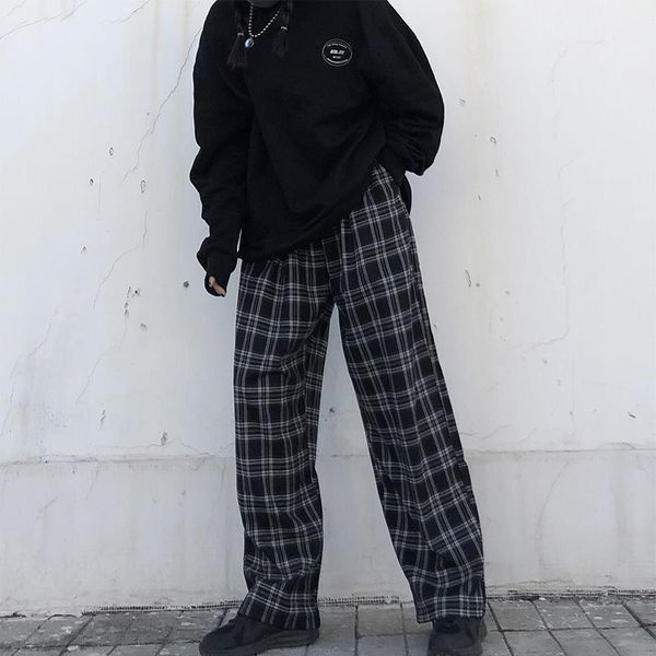 

vangull plaid high waist women capris checkered straight loose sweat trousers pantalon femme sweatpants jogger pantalones, Black;white