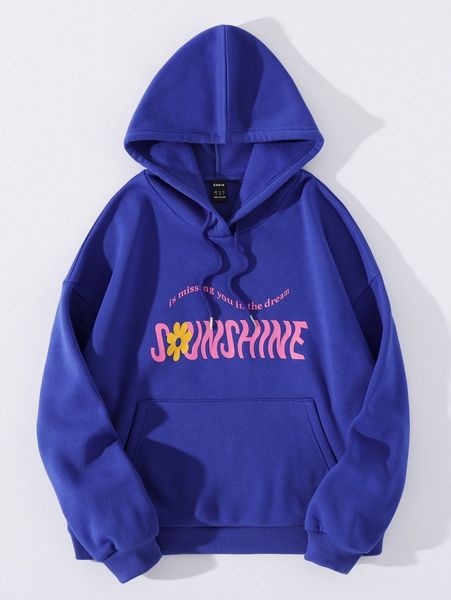 

drawstring detail floral & slogan graphic hoodie v1v2#, White;black