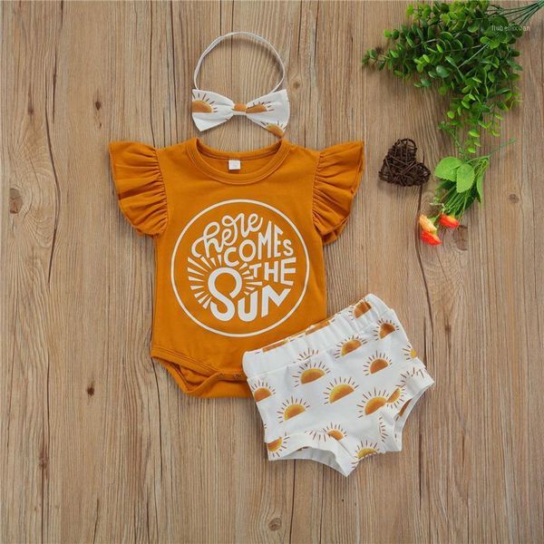 

clothing sets 3pcs toddler girls flying sleeve romper+shorts+bow hairband,children baby small sun print casual summer clothing,0-18month1, White