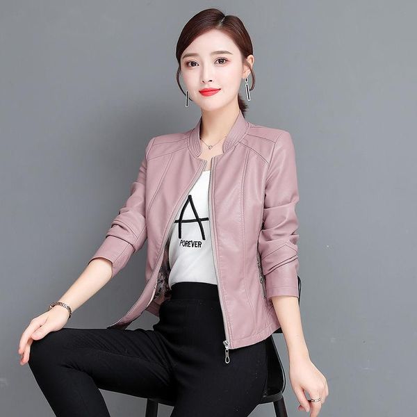 

women's leather & faux 2021 women pu jacket slim moto biker autumn winter lady basic plus size coat outerwear x593, Black