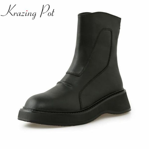

boots krazing pot cow leather round toe zipper european basic black color platform med heels winter gorgeous sewing ankle l50