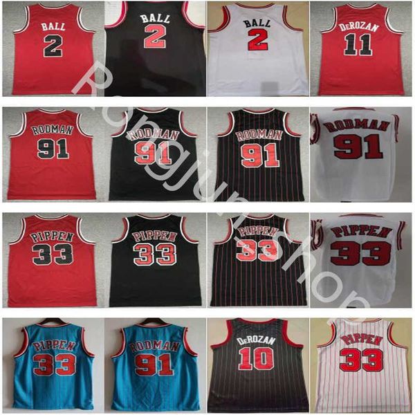 

men 2 lonzo ball basketball jersey 11 demar derozan 23 dennis 91 rodman scottie 33 pippen red white black blue stripe shirt wholesale, Black;red