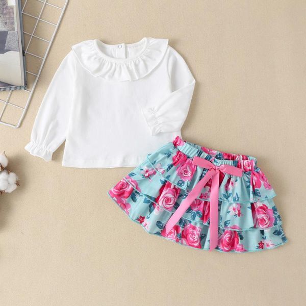 

40# born baby girls clothes solid color long sleeve round neck t-shirt +floral printing skirt clothing outfits set sets, White