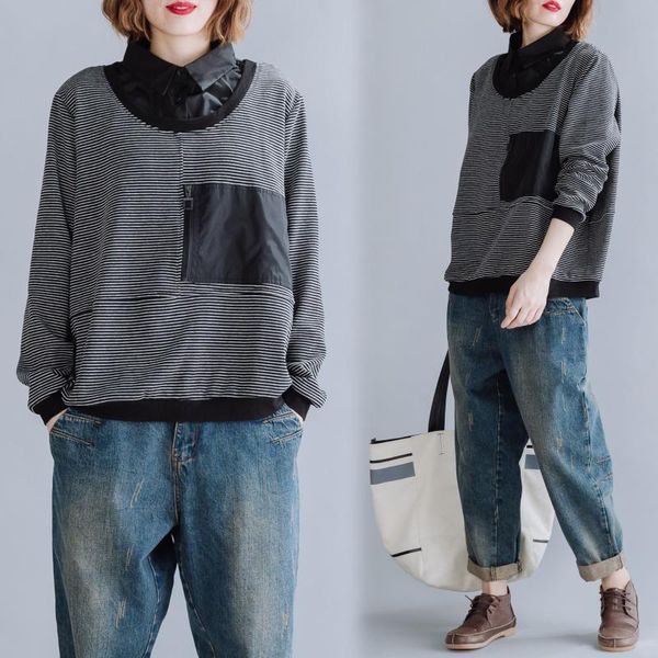 

full sleeve blouse women spring striped solid patchwork loose blusas womens and blouses black 7122 women's & shirts, White