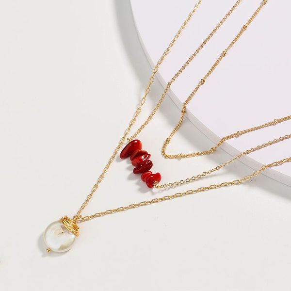 

pendant necklaces baroque pearl red irregular stones for women gold linked small circle chain multi layered chokers necklace, Silver