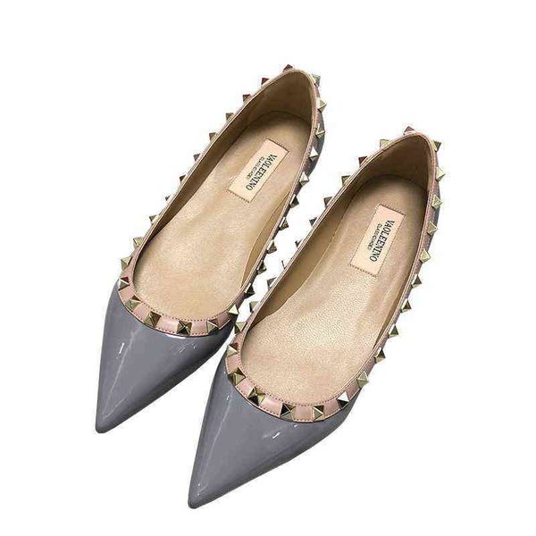 

women's formal shoes 2021 new rivet pointed sole single shoe women's classic leather versatile shallow willow ding flat heel balle, Black
