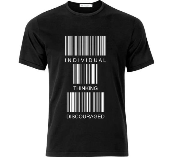 

individual thinking discouraged barcode t shirt black, White;black