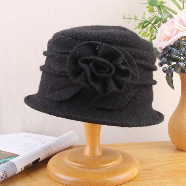 

berets 2021 high-grade wool knitted cloche women's chic flower bucket hat autumn and winter warm fisherman lady fedora, Blue;gray