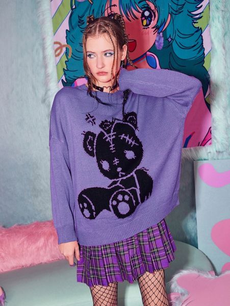 

romwe cartoon bear pattern drop shoulder sweater p2ox#, White