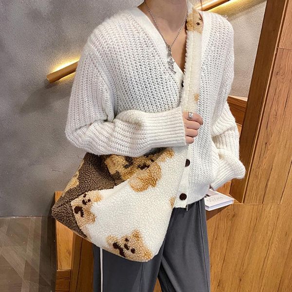

evening bags women fashion bear print hit color shoulder bag female casual autumn winter plush small crossbody fluffy tote