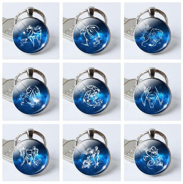 

twelve constellation keychain time gem keyring pendant mix order key rings, Silver