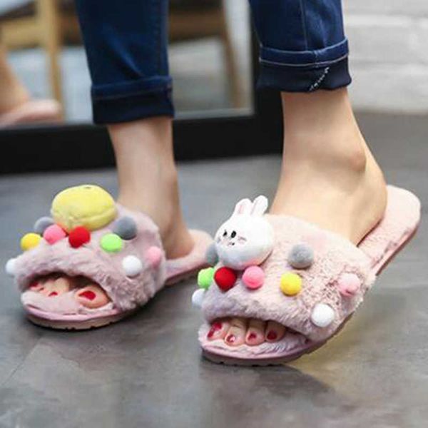 

winter women home slippers cartoon warm comfortable flip flop woman indoor plush shoes house cute hairball s973 210625, Black