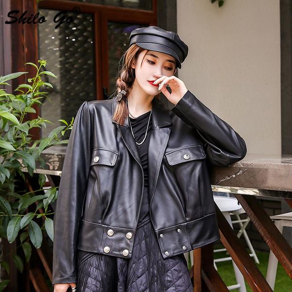 

women's leather & faux moto biker solid jacket women autumn high street notched neck sheepskin genuine coat casual buttons detail outwe, Black