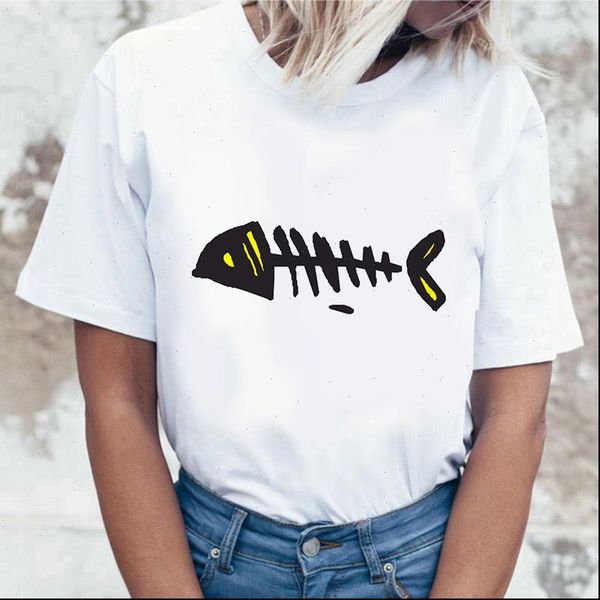 

women fashion harajuku funny fishbonecartoon printed t shirt casual short sleeve womens soft female, White
