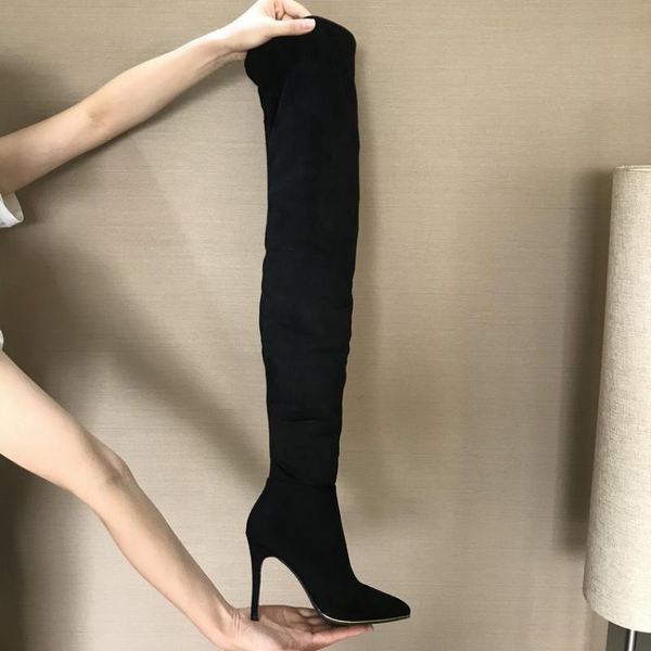 

boots 2021 brand stretch suede leather thigh high heels women winter stiletto over the knee female shoes, Black