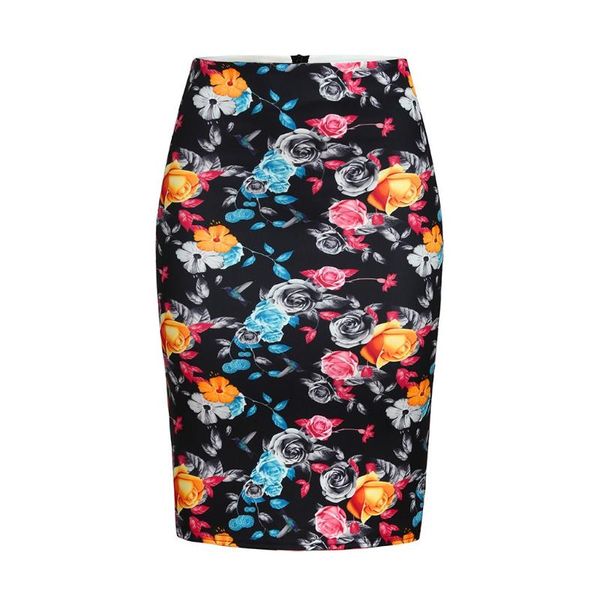 

skirts floral vintage summer womens pencil colorful casual flower printing high waist classic bodycon skirt, Black