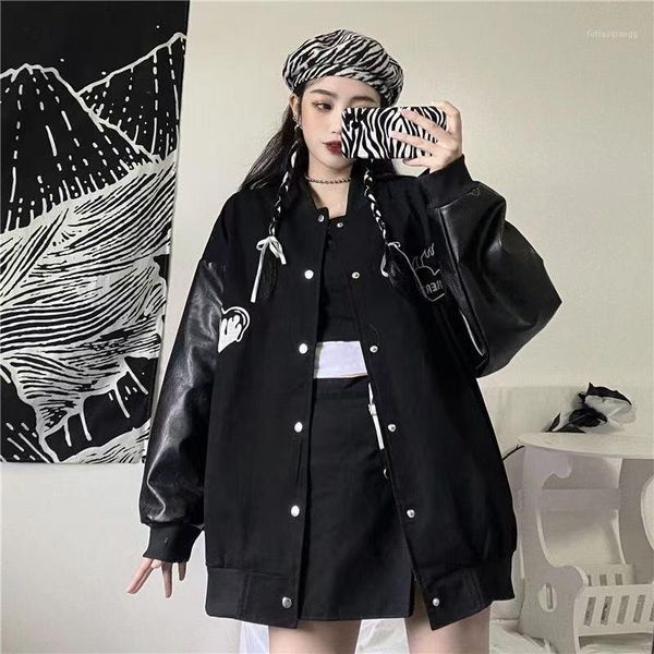 

women's jackets the 2021 overcoat is a loose and ins student-printed baseball jacket in korean, Black;brown