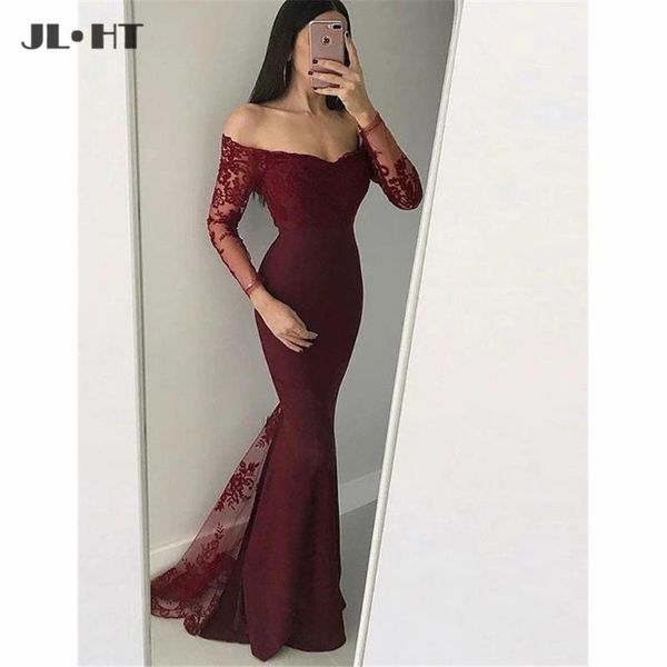 

party dresses burgundy mermaid evening long sleeve prom gown lace applqiues v-neck elastic satin off shoulder dress gowns, White;black