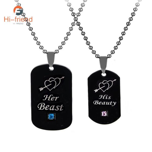 

pendant necklaces jewelry her beast his beauty necklace black dog tag label punk couple accessories gift, Silver