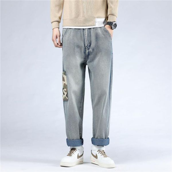 

plus size 2021 men's baggy chic casual denim male pocket straight pants fashion jeans loose trousers streetwear, Blue