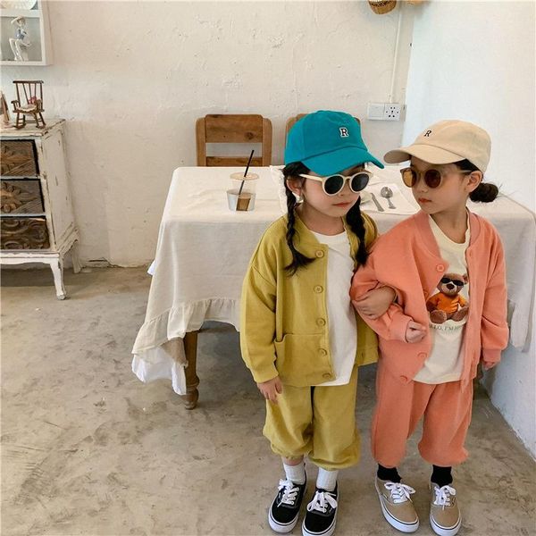 

clothing sets autumn 2021 solid color casual outfits children cotton soft waffle-knit jacket and loose coats 2pcs, White