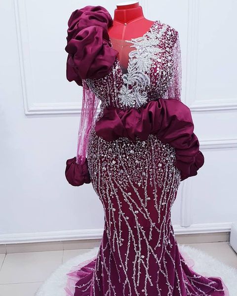 2021 Plus Size Arabisch Aso Ebi Burgund Meerjungfrau Luxuriöse Ballkleider Perlen Spitze Sexy Abend Formale Party Zweite Empfangskleider Kleid ZJ446