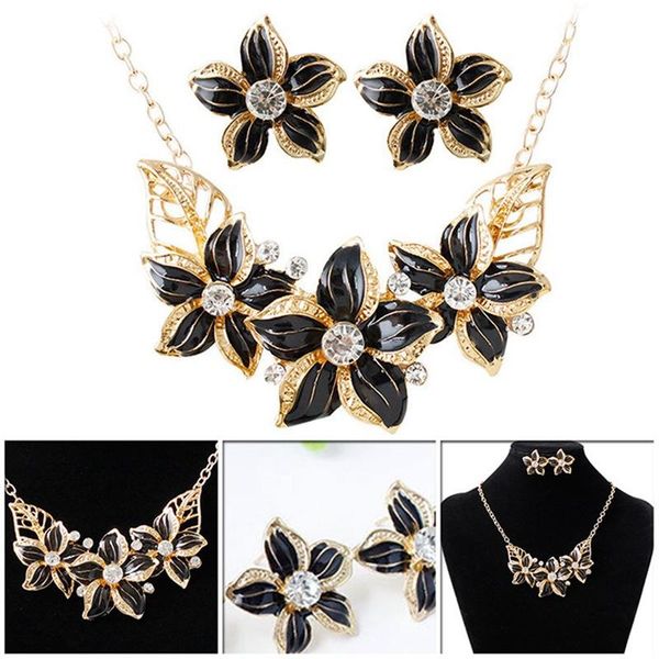 

earrings & necklace fashion gardenia flower enamel jewelry set gold color black painting bridal sets for women wedding, Silver