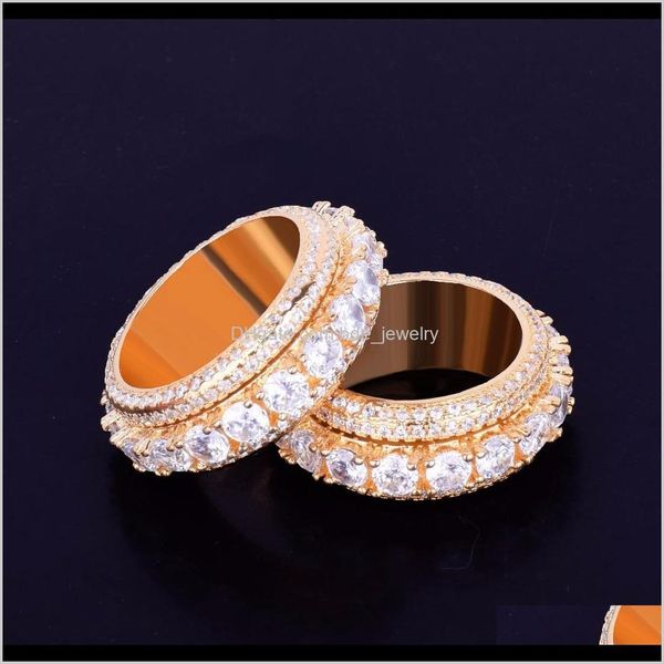 

solitaire rings jewelry5 row solid mens 18 k copper charm gold sier color cubic zircon iced ring fashion hip hop jewelry rotatable drop deli, Golden;silver