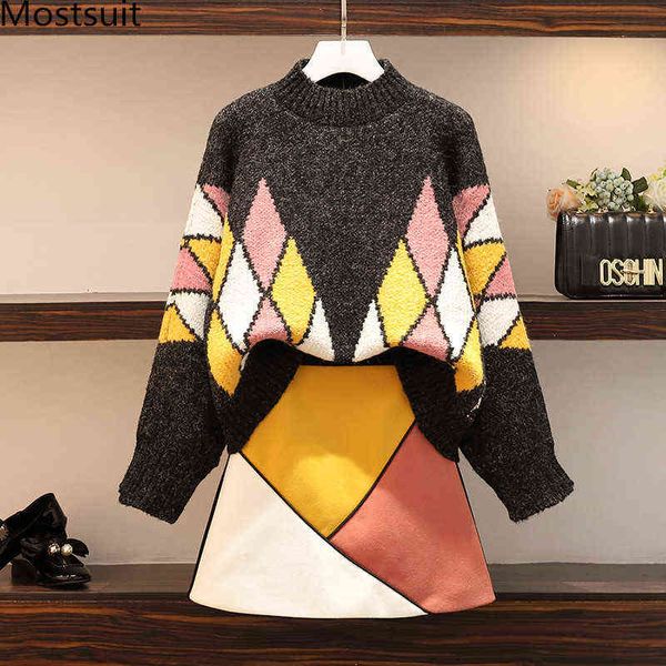 Plus size xadrez de inverno 2 peças de saia de 2 peças Femininas Mulheres Meio-Alto Collar Sweater + Mini Saia Suits Moda Quente Coreano 2 PCS Sets 211119