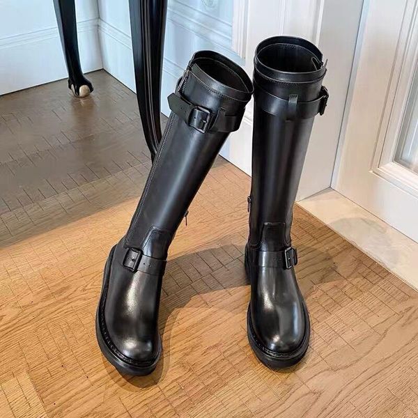 

boots high version knight 2021 leather thick soled british thin, Black