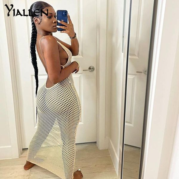 

casual dresses yiallen summer grid hole see through hollow backless sling long dress women club streetwear nightclub party, Black;gray