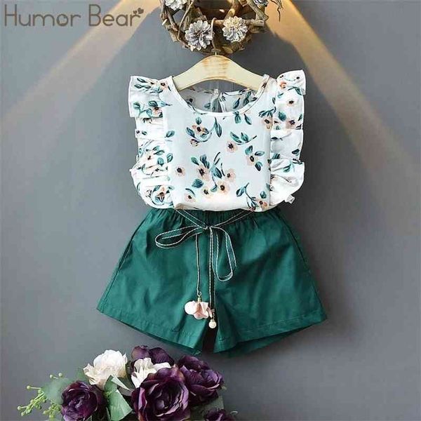 

humor bear girls clothing set summer new cute flowers flying sleeves t-shirt+ shorts kids suit toddler baby girls clothes 210326, White