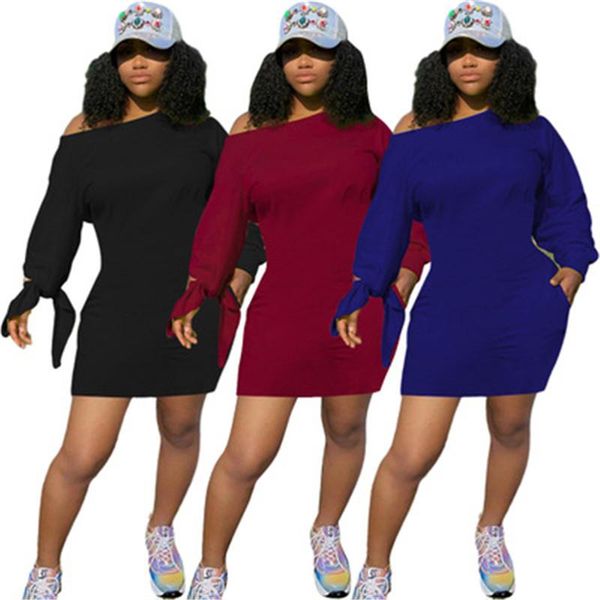 

womens oblique shoulder dresses fashion long sleeve round neck short skirts designer female knotted sleeves casual solid color loose dress, Black;gray