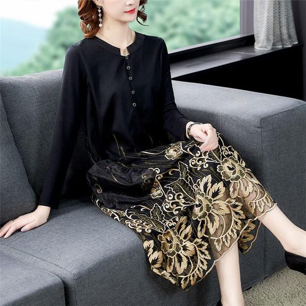

casual dresses large size 5xl autumn and winter women dress mid-length 2021 elegant base with embroidery chinese style clothing m353, Black;gray