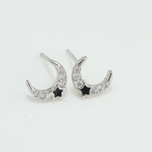 

stud s925 sterling silver star and moon inlaid diamond simple temperament ear jewelry ladies party wedding bone buckle earrings, Golden;silver