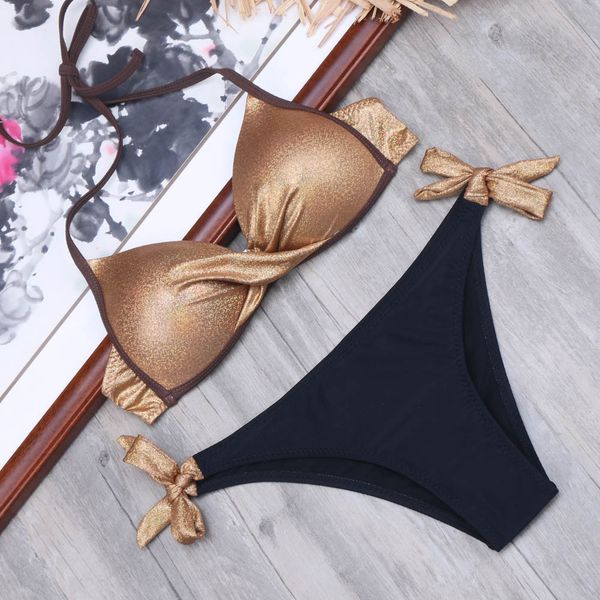 

gold bikini bronzing bikinis set shiny swimsuit push up biquini plus size xxl swimwear bathing swimming suit for womenby air