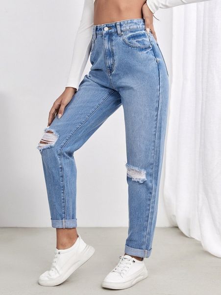 

high waist ripped jeans w0ak#, Blue