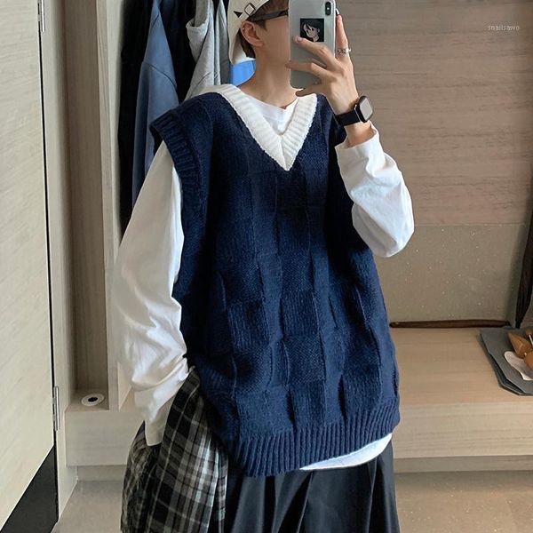 

men's vests autumn plaid sweater vest men's warm fashion casual knitted pullover men korean loose v-neck sleeveless mens clothes, Black;white