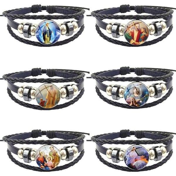

charm bracelets vintage antique glass cabochon statement black leather bracelet bangle jewelry for women men party jesus cross, Golden;silver