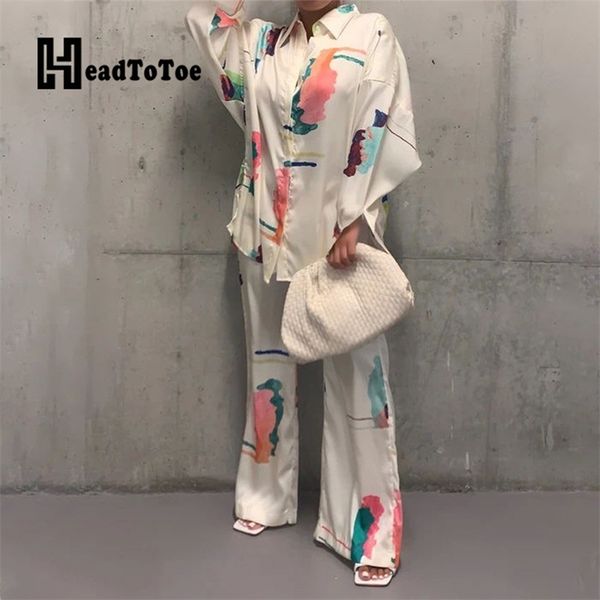 

printed casual women two pieces set loungewear long sleeve shirt & wide leg pants set homewear 211027, White