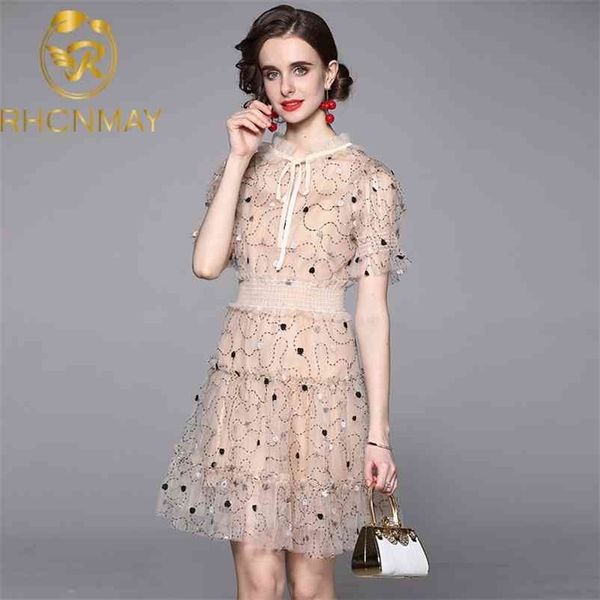 

fashion designer summer dress women flare sleeve patchwork embroidery mesh a line elegant mini es 210520, Black;gray