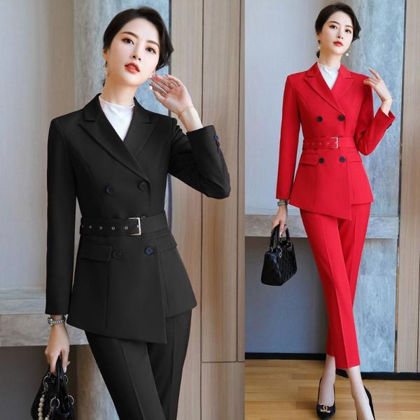 

formal black red blazer women business suits pant and jacket sets ladies work wear office uniform styles women's two piece pants, White