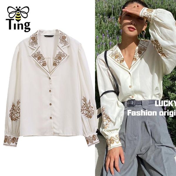 

women's blouses & shirts tingfly vintage design runway embroidery casual street chic lapel collar lantern long sleeve blusas moda plus, White