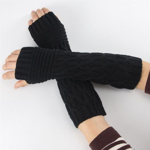 

five fingers gloves 1 pair fashion soft elastic arm warmers winter outdoor long knitted men women thick warm candy color fingerless mittens, Blue;gray