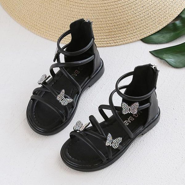 

sandals 2021 summer baby shoes open toe beach back zipper girls rhinestone butterfly soft bottom flat anti-slip, Black;red