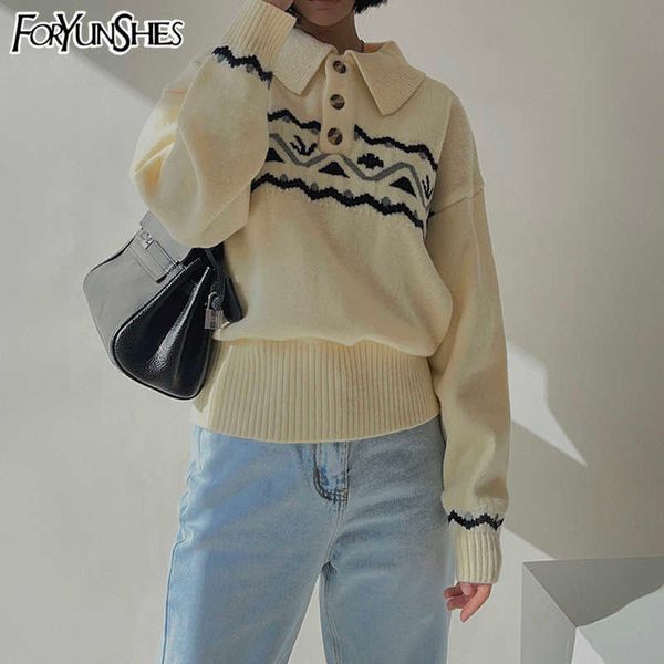

foryunshes women vintage fairy grunge sweater turn-down collar graphic print long sleeve casual loose knitted pullover sweaters 210709, White;black