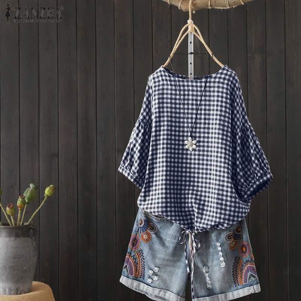 

women's blouses & shirts 2021 summer short sleeve shirt zanzea casual check blouse women o neck back buttons plaid drawstring work tuni, White