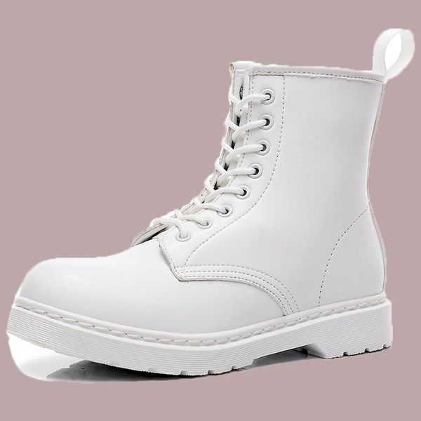 

boots woman genuine leather fashion white ankle platform casual shoes winter couples motorcycle botas, Black