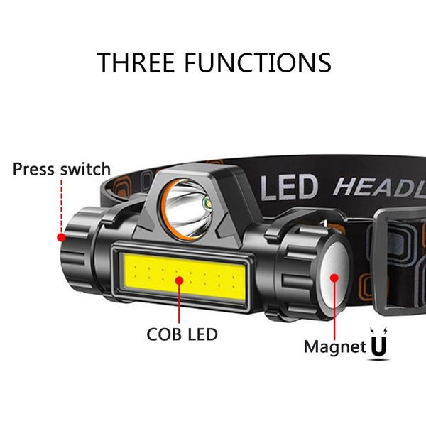 

portable led headlamp xp-g q5 built-in 18650 battery waterproof headlight cob work light 2 lighting mode camping torch head lamp headlamps